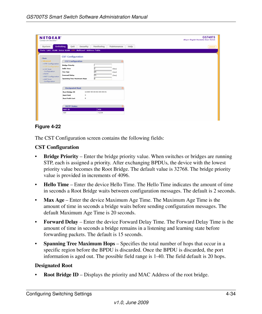 NETGEAR GS748TS manual CST Configuration, Designated Root 