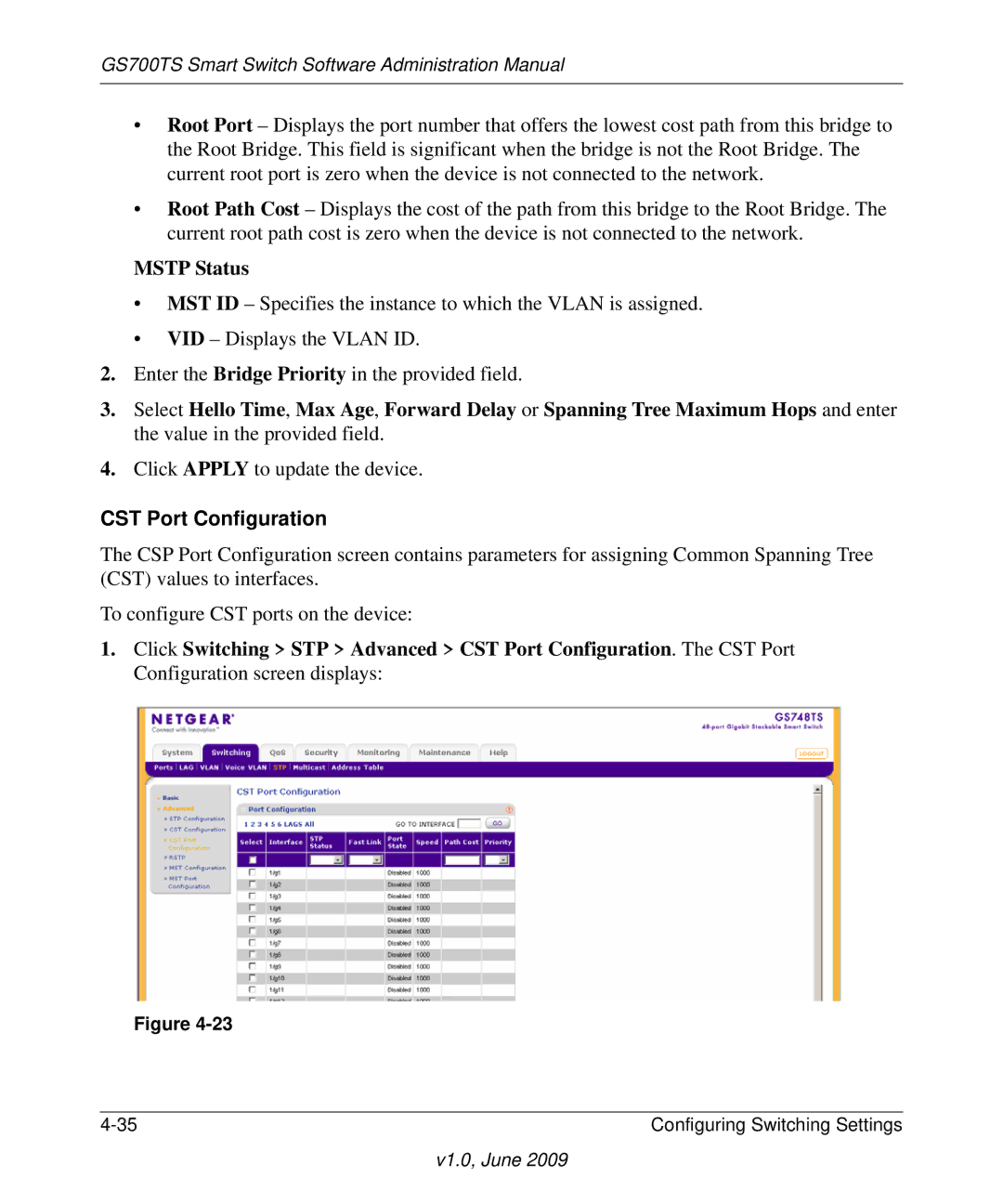 NETGEAR GS748TS manual Mstp Status, CST Port Configuration 