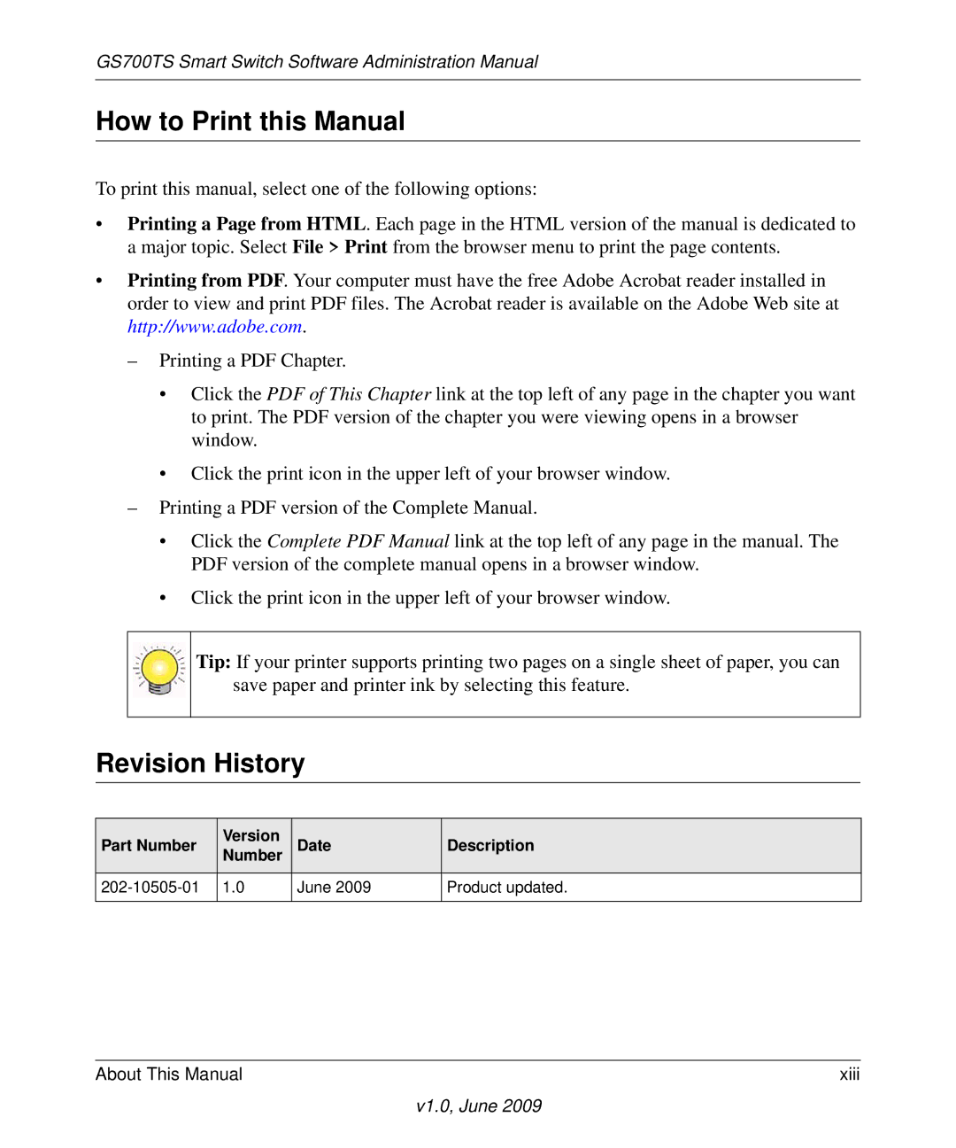 NETGEAR GS748TS manual How to Print this Manual, Revision History 