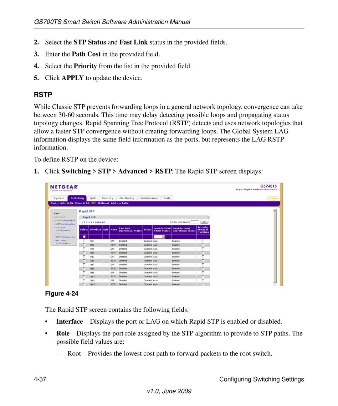 NETGEAR GS748TS manual Rstp 