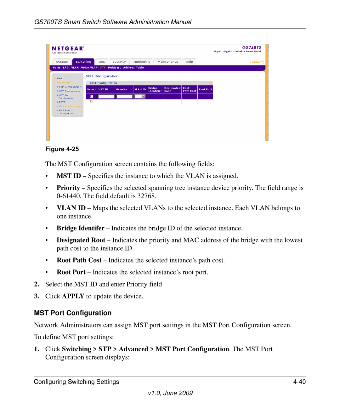 NETGEAR GS748TS manual MST Port Configuration 