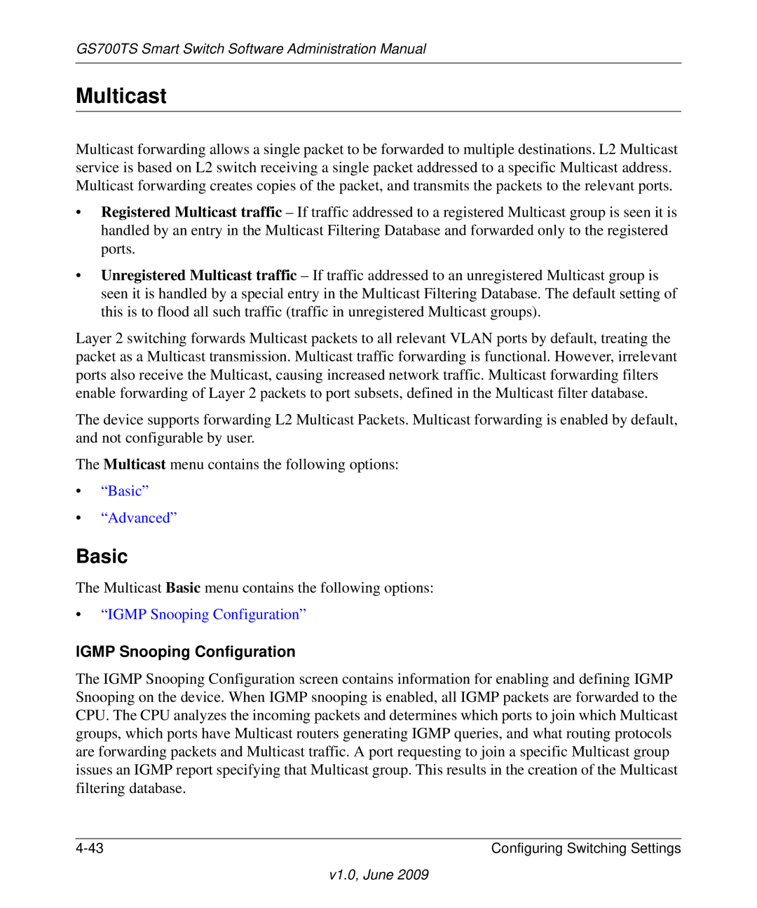 NETGEAR GS748TS manual Multicast, Igmp Snooping Configuration 