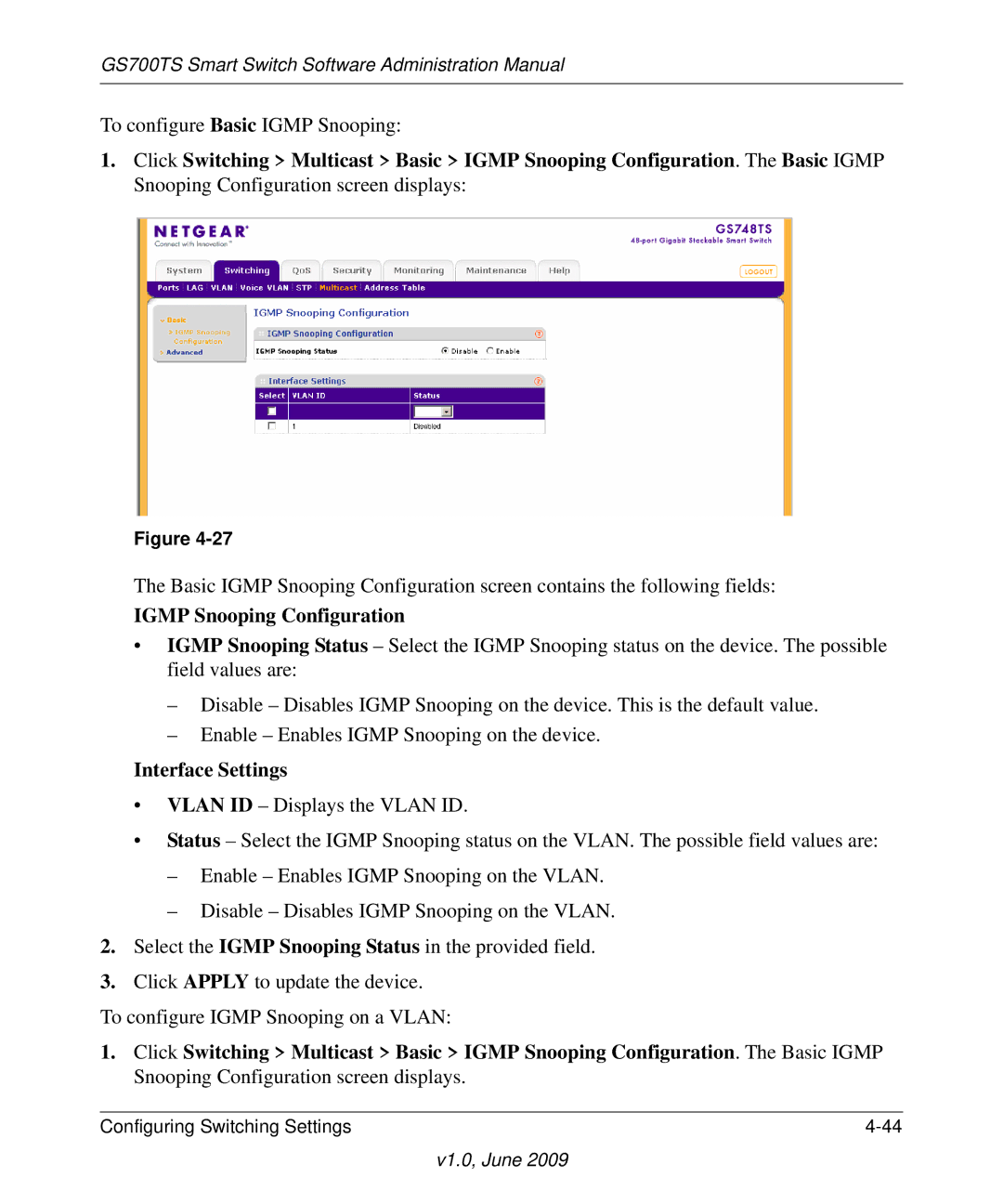 NETGEAR GS748TS manual Igmp Snooping Configuration, Interface Settings 