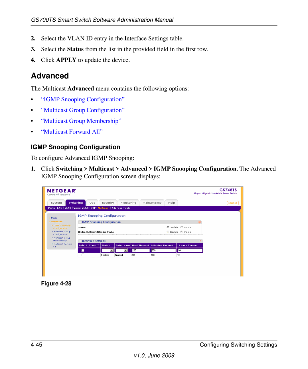 NETGEAR GS748TS manual Multicast Advanced menu contains the following options 