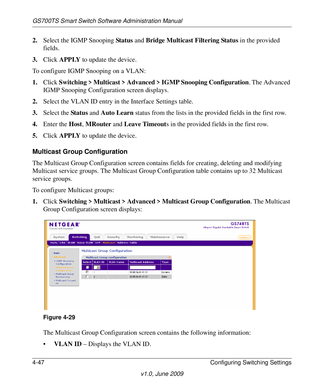 NETGEAR GS748TS manual Multicast Group Configuration 