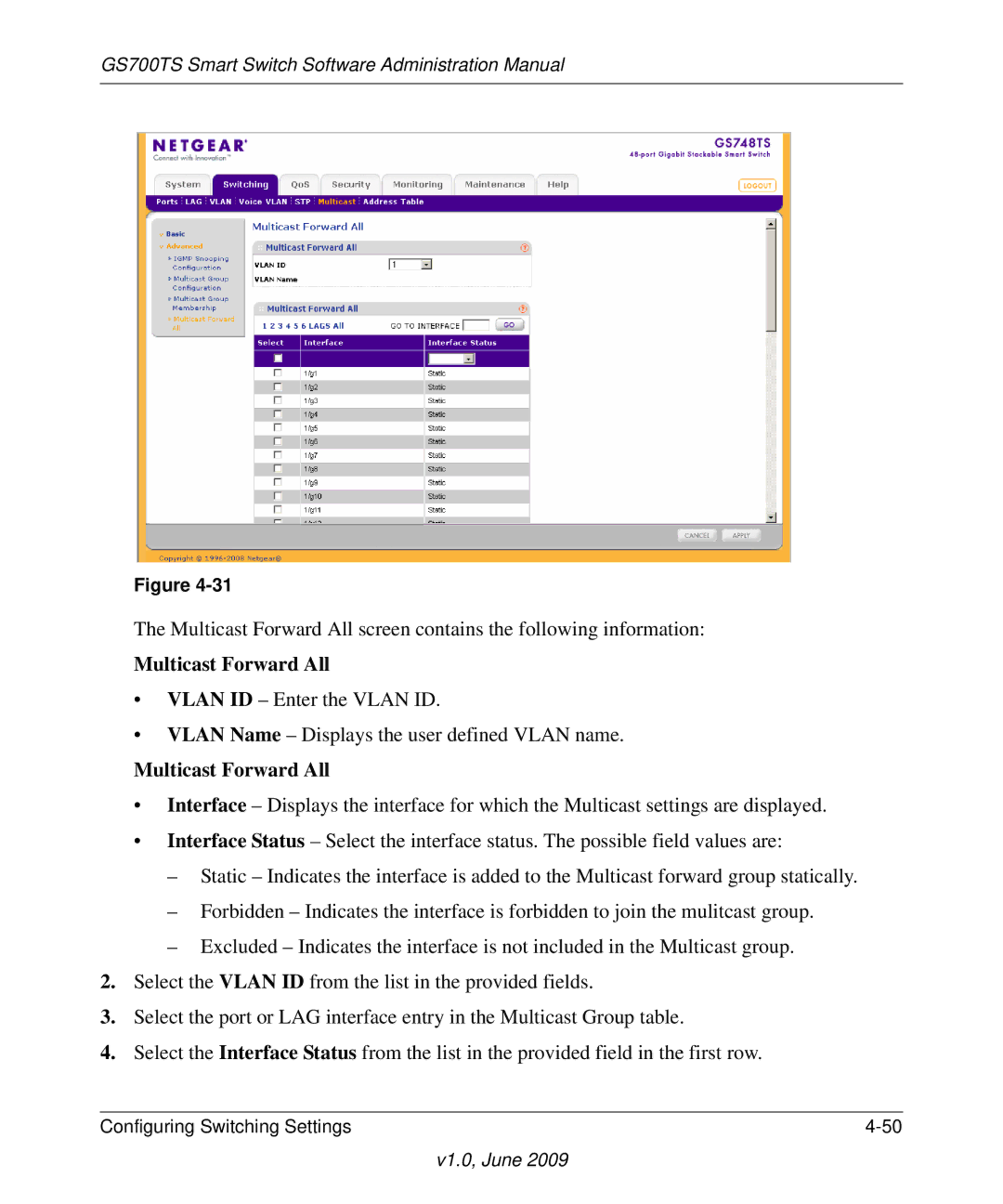 NETGEAR GS748TS manual Multicast Forward All 