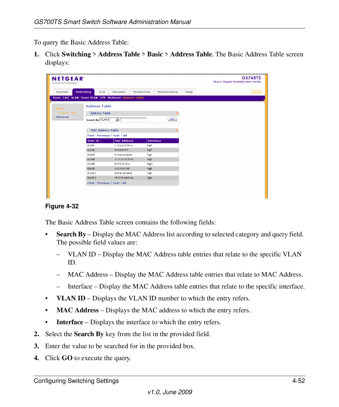 NETGEAR GS748TS manual To query the Basic Address Table 