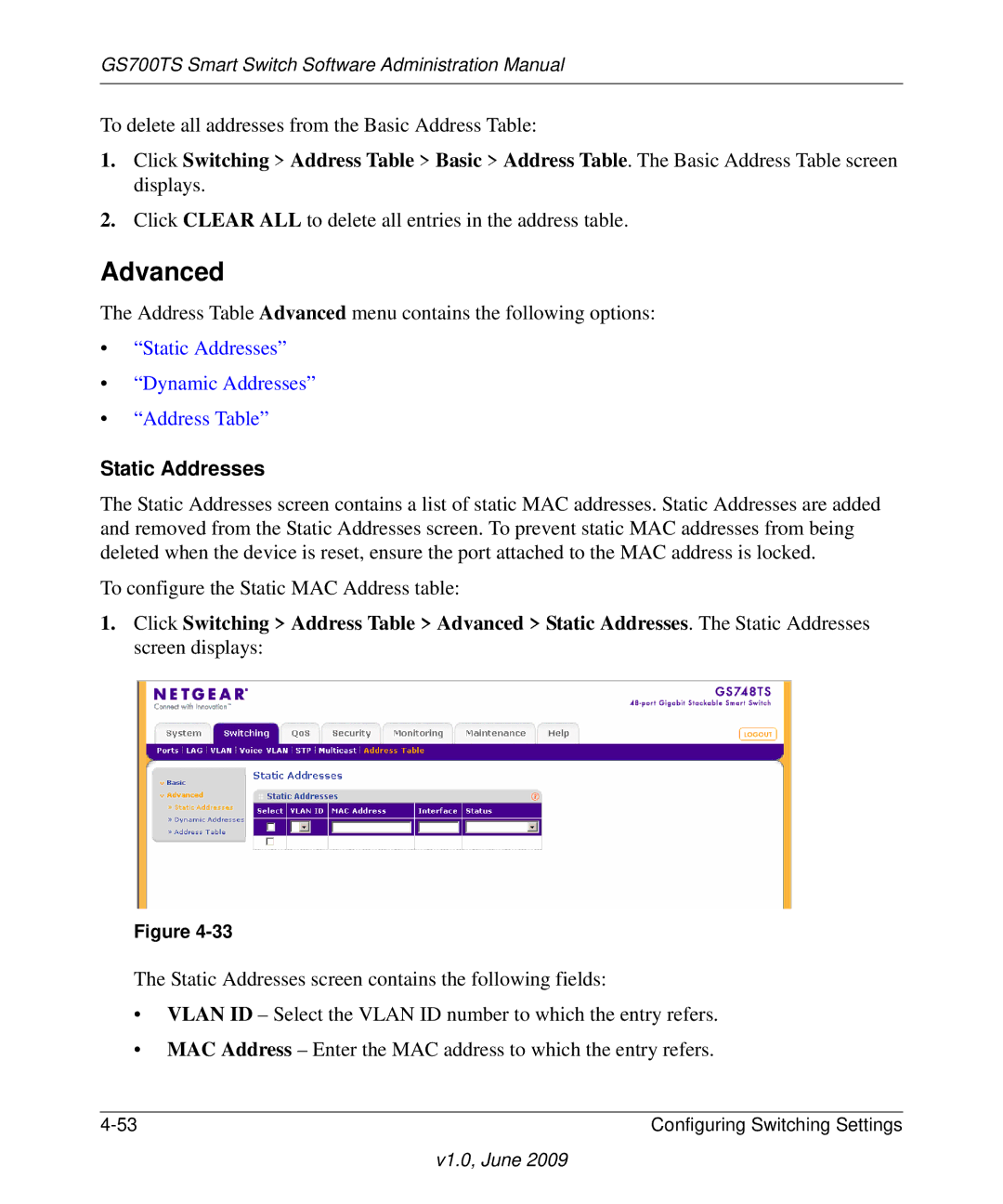 NETGEAR GS748TS manual Advanced, Static Addresses 