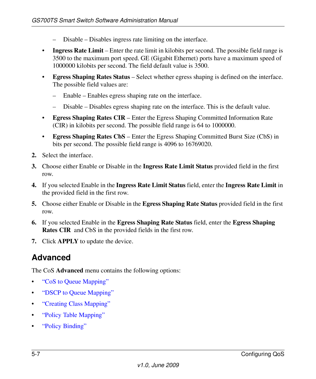 NETGEAR GS748TS manual CoS Advanced menu contains the following options 