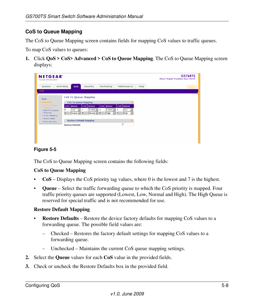 NETGEAR GS748TS manual CoS to Queue Mapping, Restore Default Mapping 