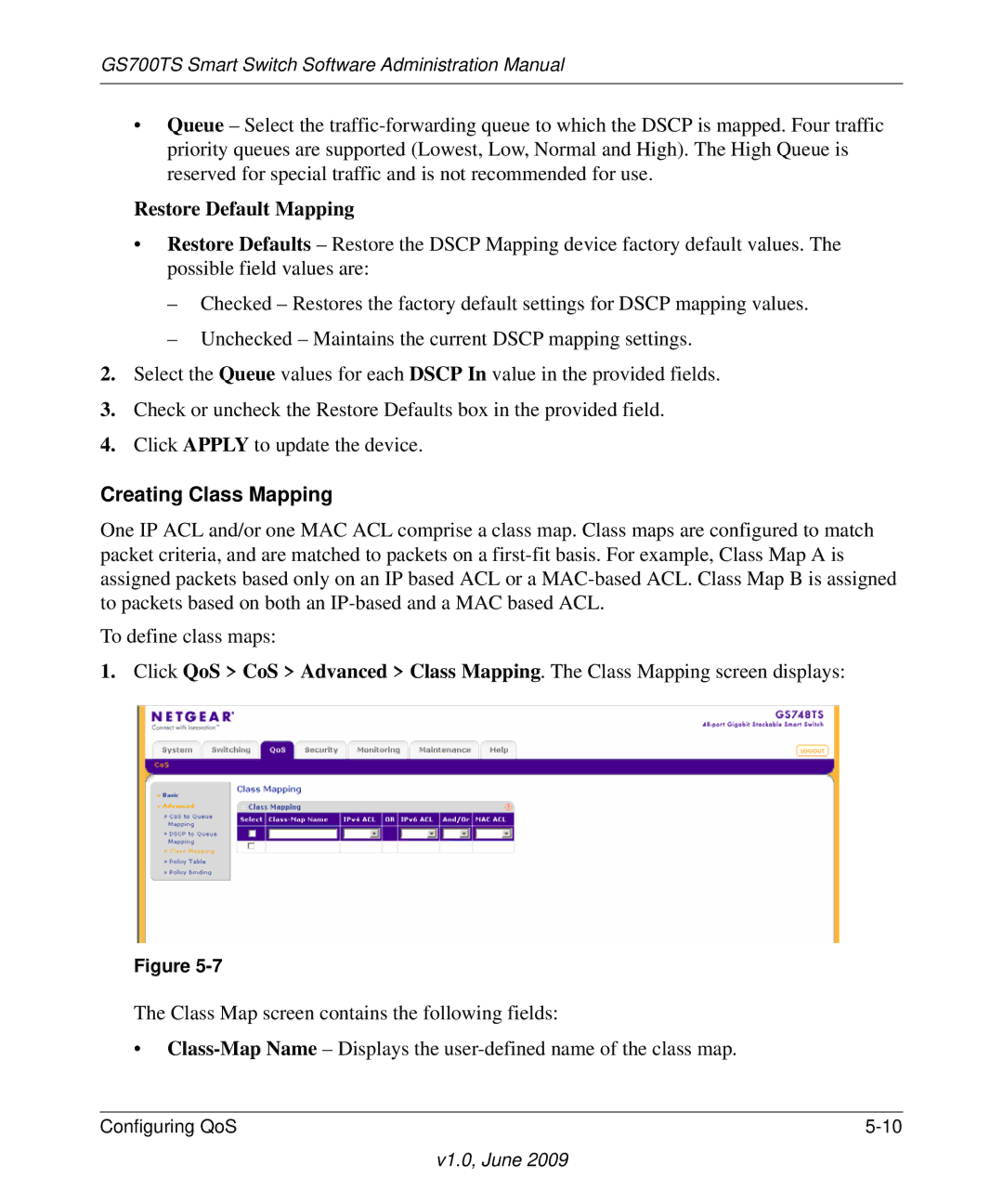 NETGEAR GS748TS manual Creating Class Mapping 