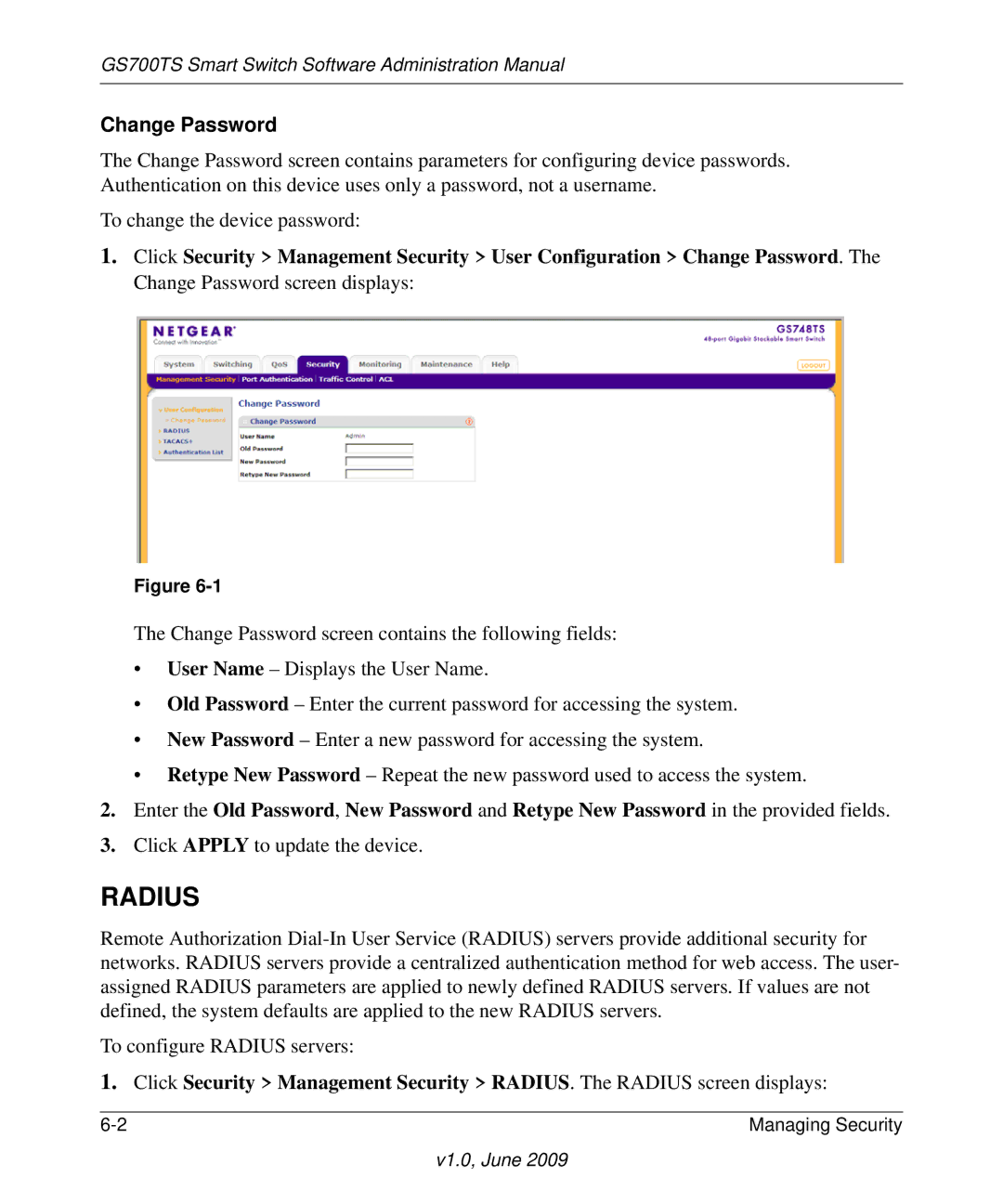 NETGEAR GS748TS manual Radius, Change Password 