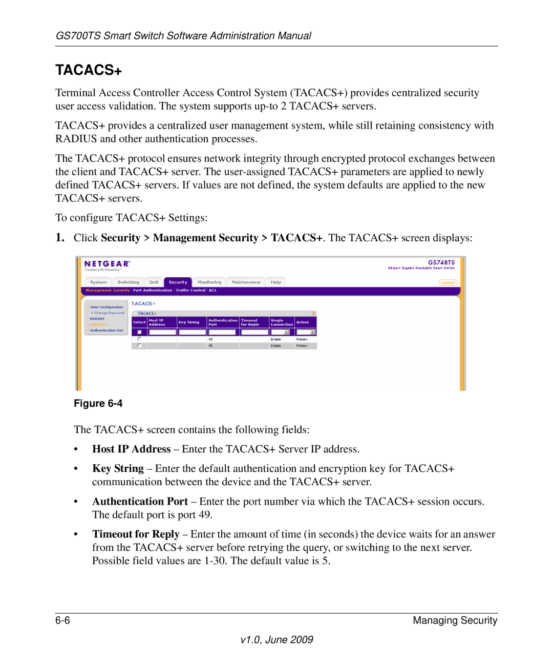 NETGEAR GS748TS manual Tacacs+ 