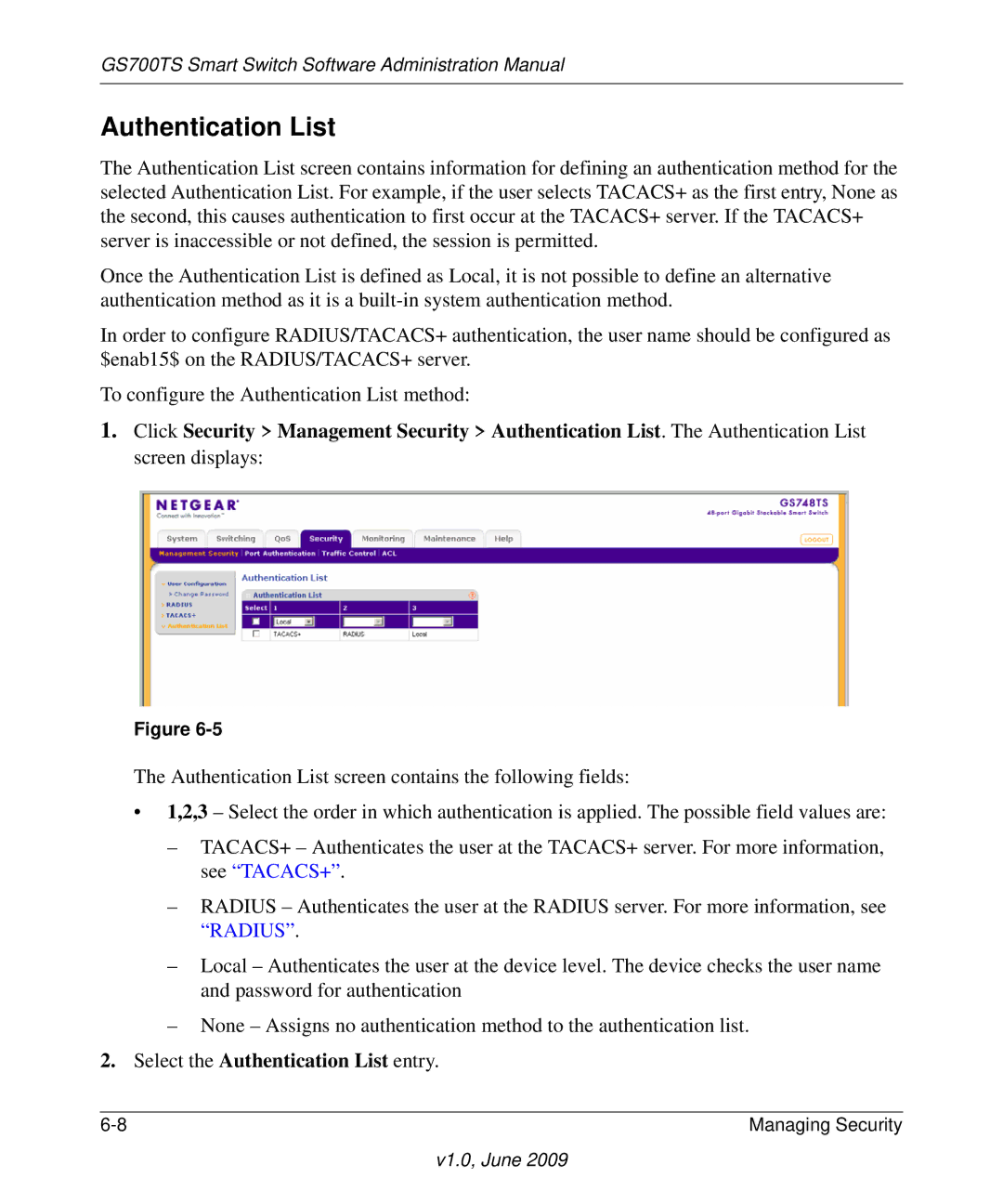 NETGEAR GS748TS manual Select the Authentication List entry 