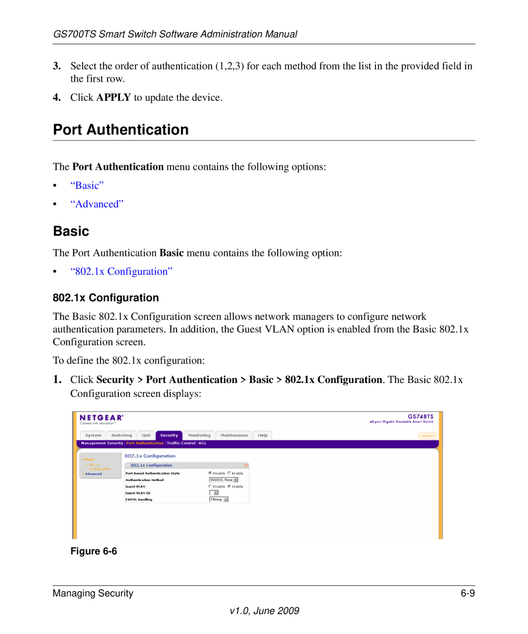 NETGEAR GS748TS manual Port Authentication, 802.1x Configuration 