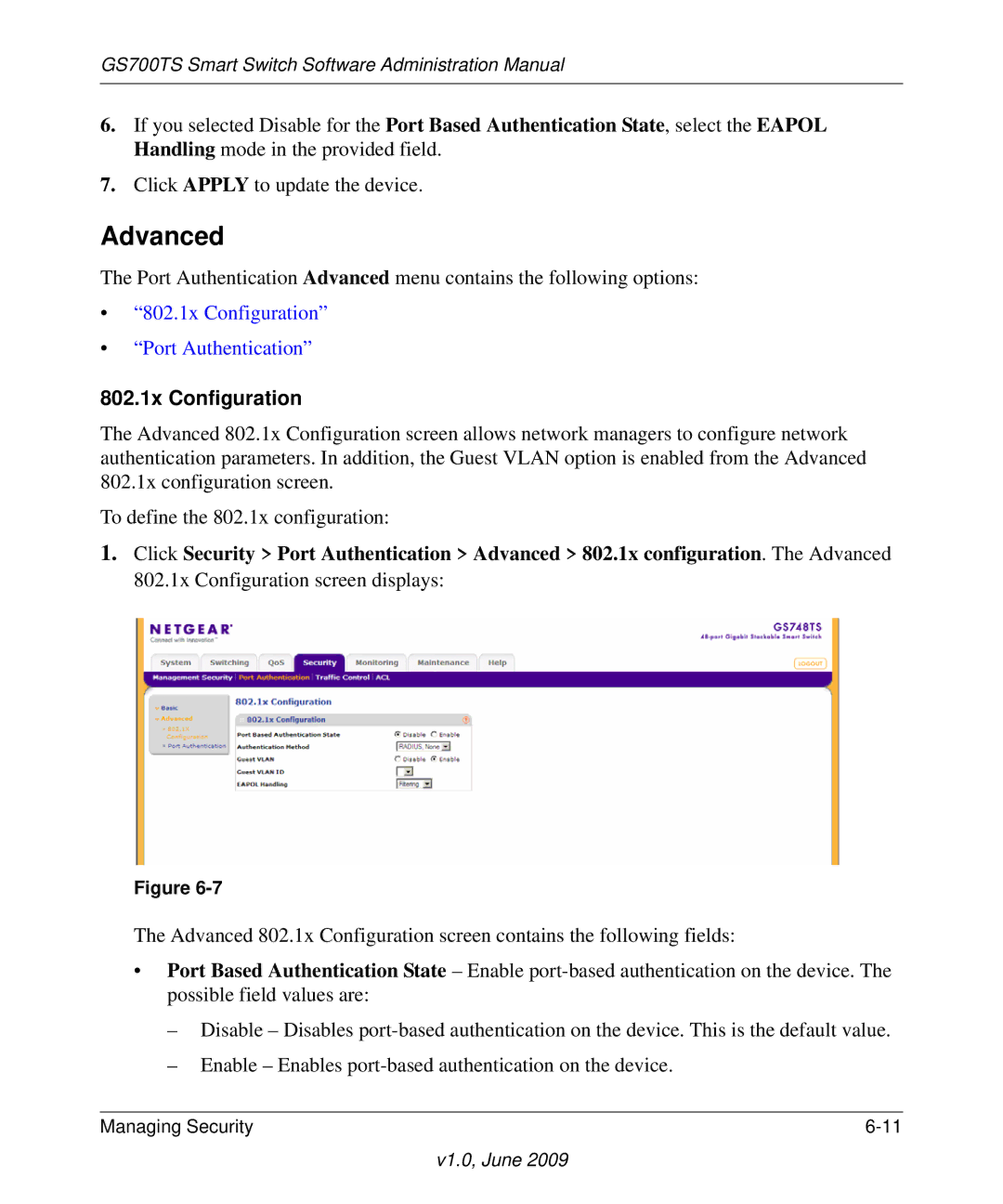 NETGEAR GS748TS manual 802.1x Configuration Port Authentication 