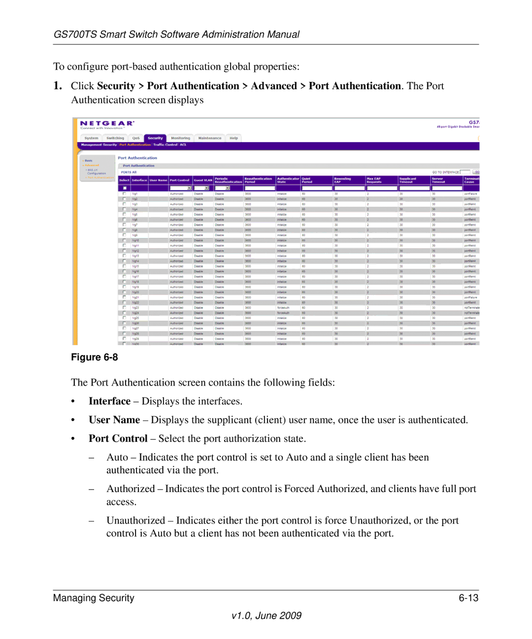 NETGEAR GS748TS manual To configure port-based authentication global properties 