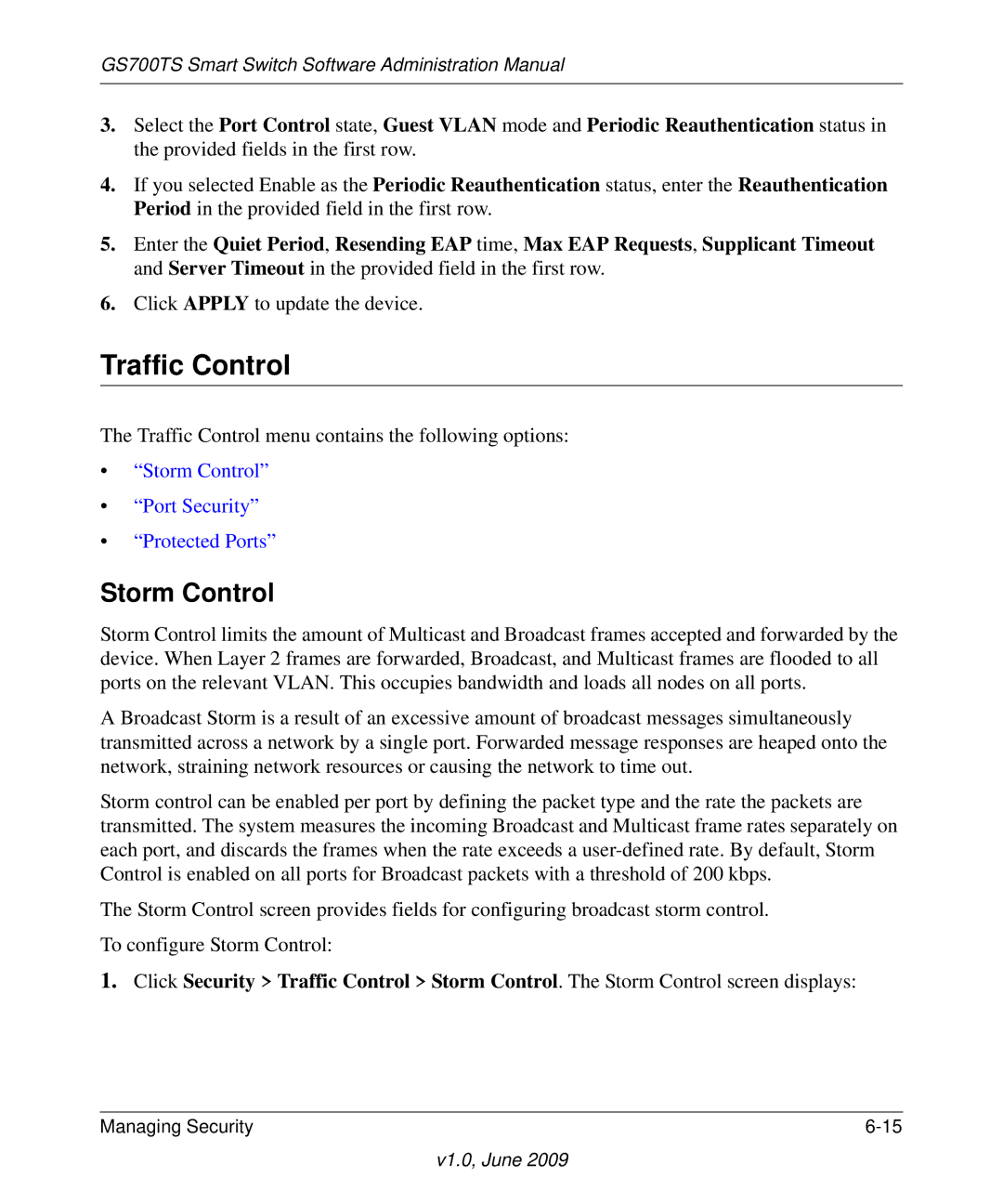 NETGEAR GS748TS manual Traffic Control, Storm Control 