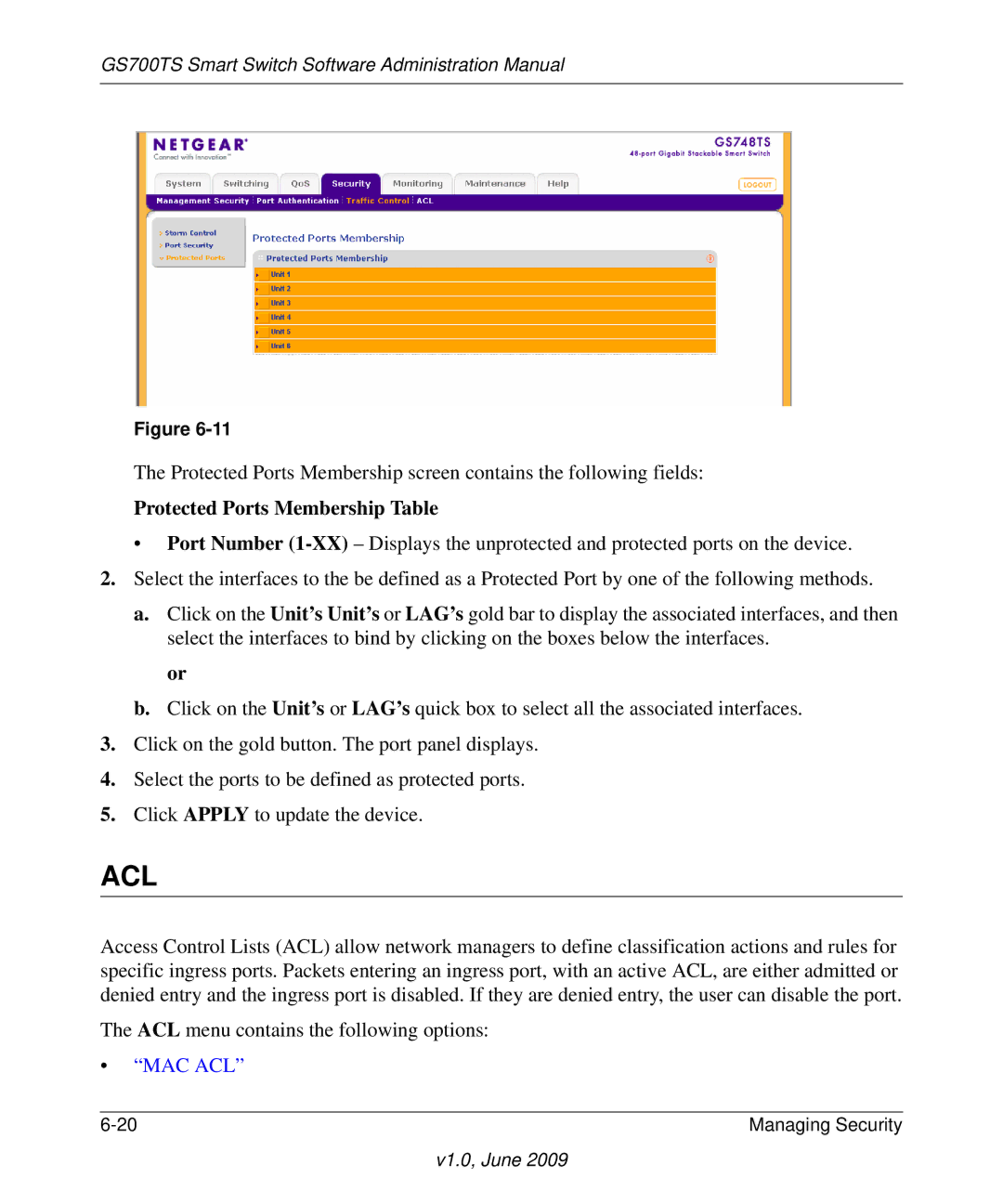 NETGEAR GS748TS manual Acl, Protected Ports Membership Table 