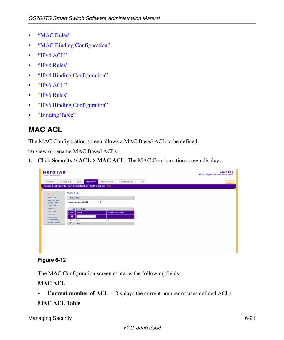 NETGEAR GS748TS manual Mac Acl, MAC ACL Table 