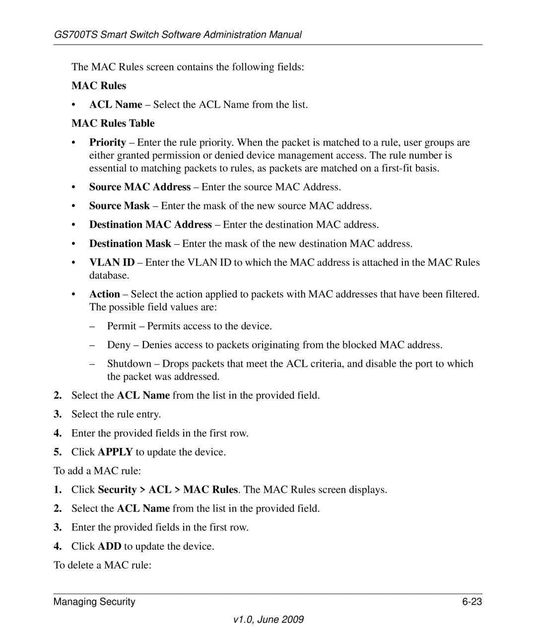 NETGEAR GS748TS manual MAC Rules Table 