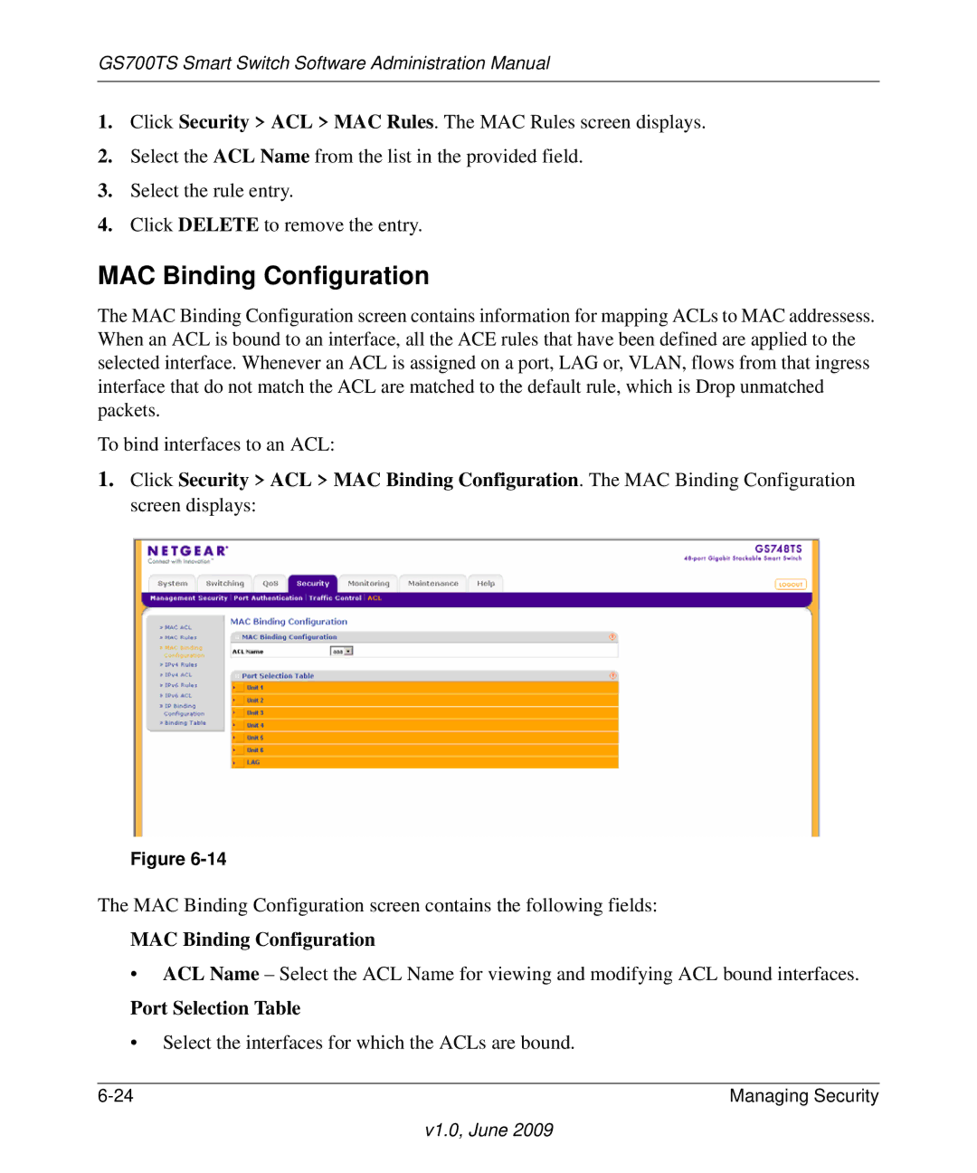 NETGEAR GS748TS manual MAC Binding Configuration, Port Selection Table 