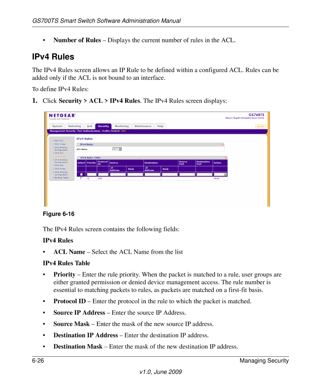 NETGEAR GS748TS manual IPv4 Rules Table 