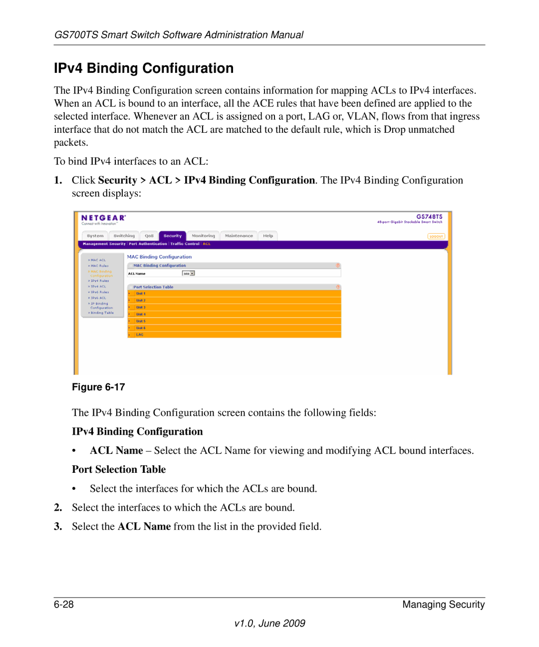 NETGEAR GS748TS manual IPv4 Binding Configuration 