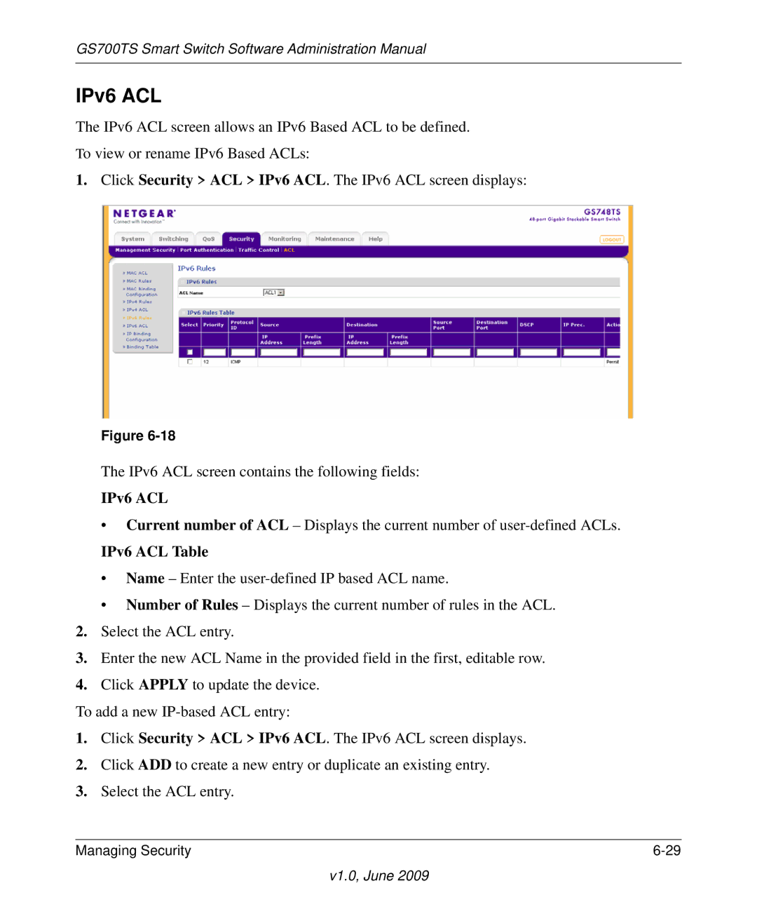 NETGEAR GS748TS manual IPv6 ACL Table 