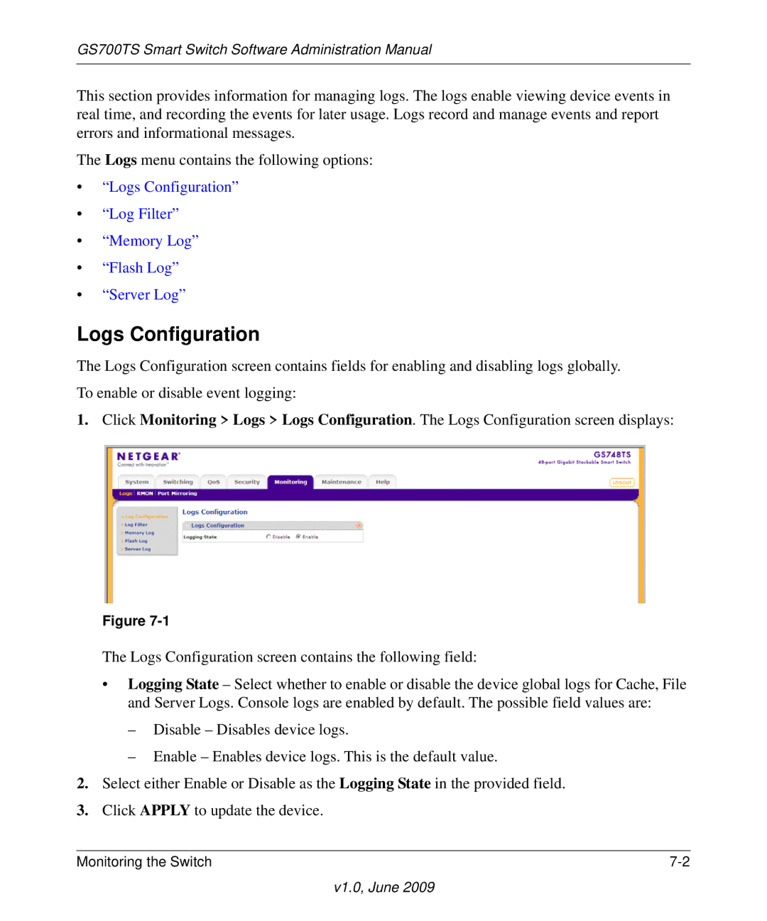 NETGEAR GS748TS manual Logs Configuration 