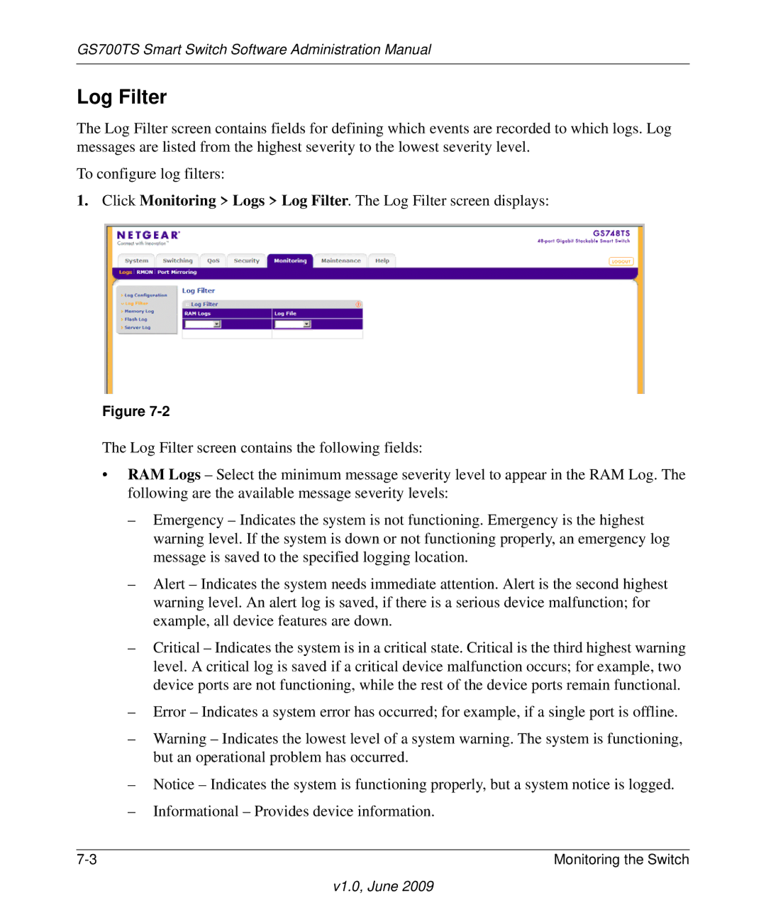 NETGEAR GS748TS manual Log Filter 