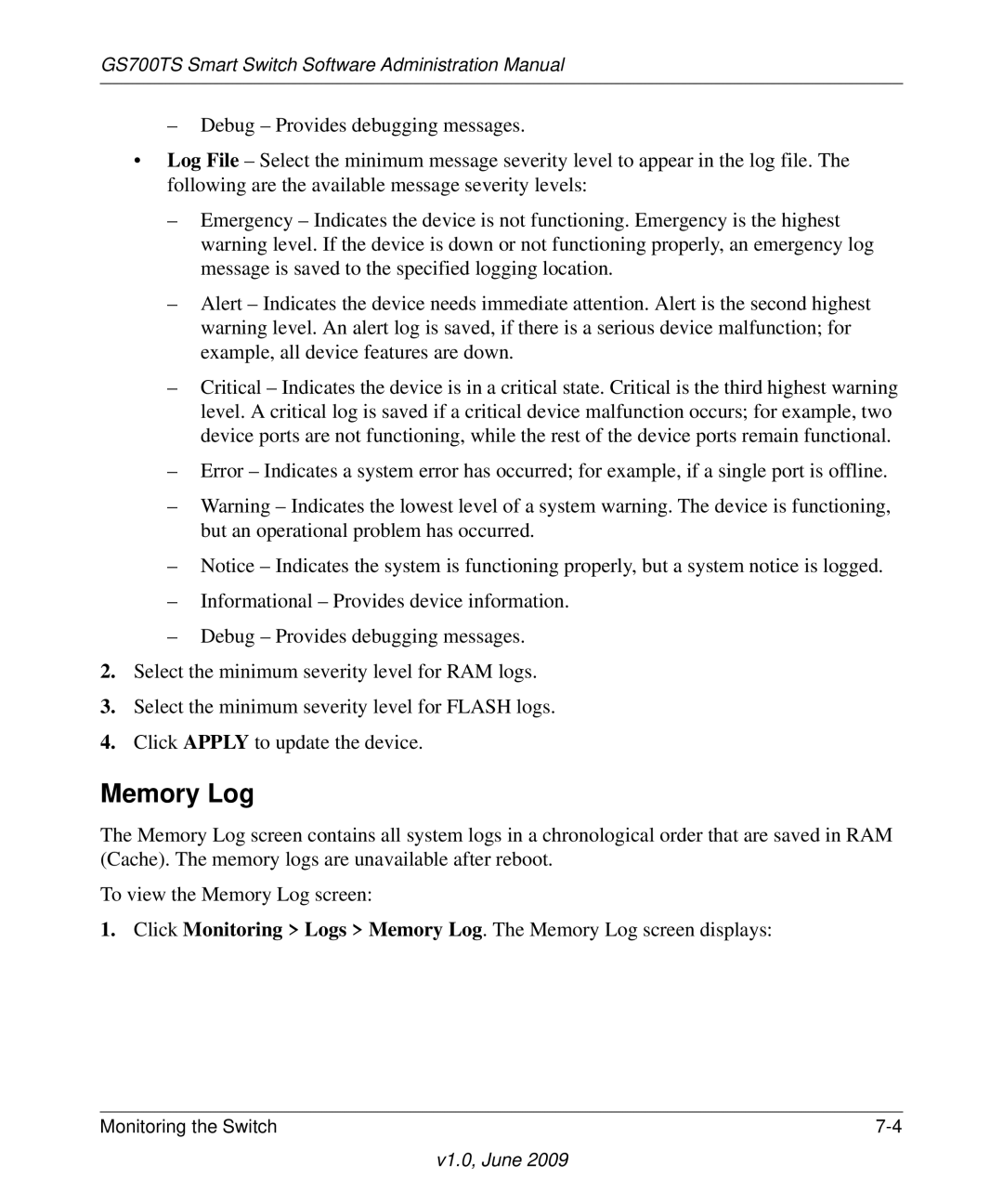 NETGEAR GS748TS manual Memory Log 