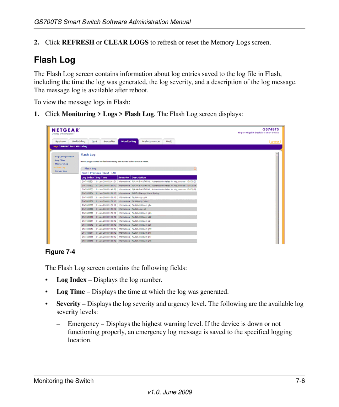 NETGEAR GS748TS manual Flash Log 