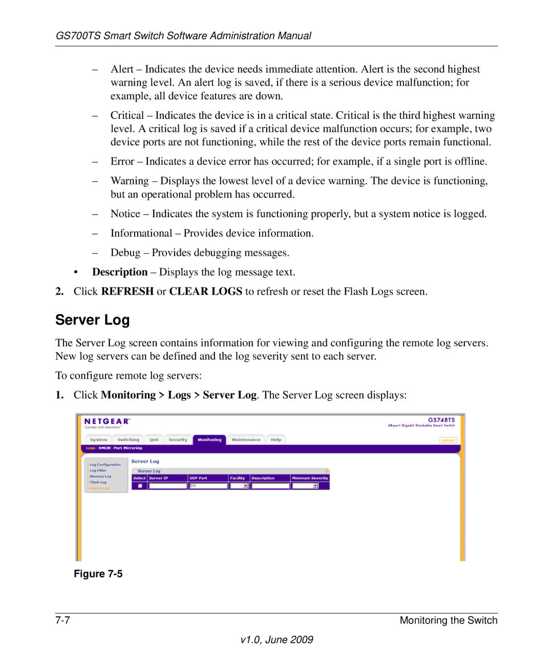 NETGEAR GS748TS manual Server Log 