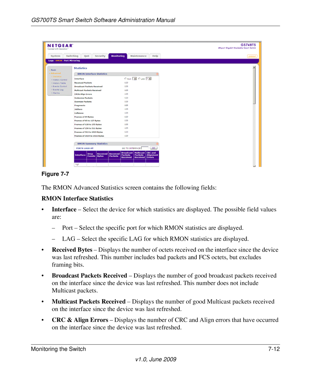 NETGEAR GS748TS manual Rmon Interface Statistics 