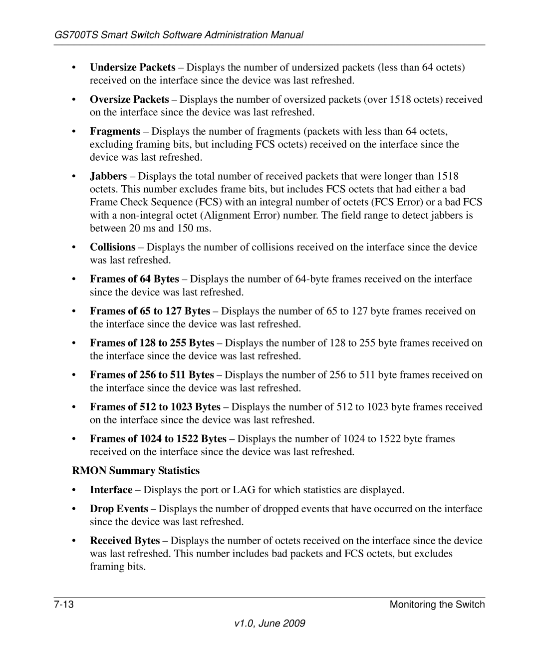 NETGEAR GS748TS manual Rmon Summary Statistics 