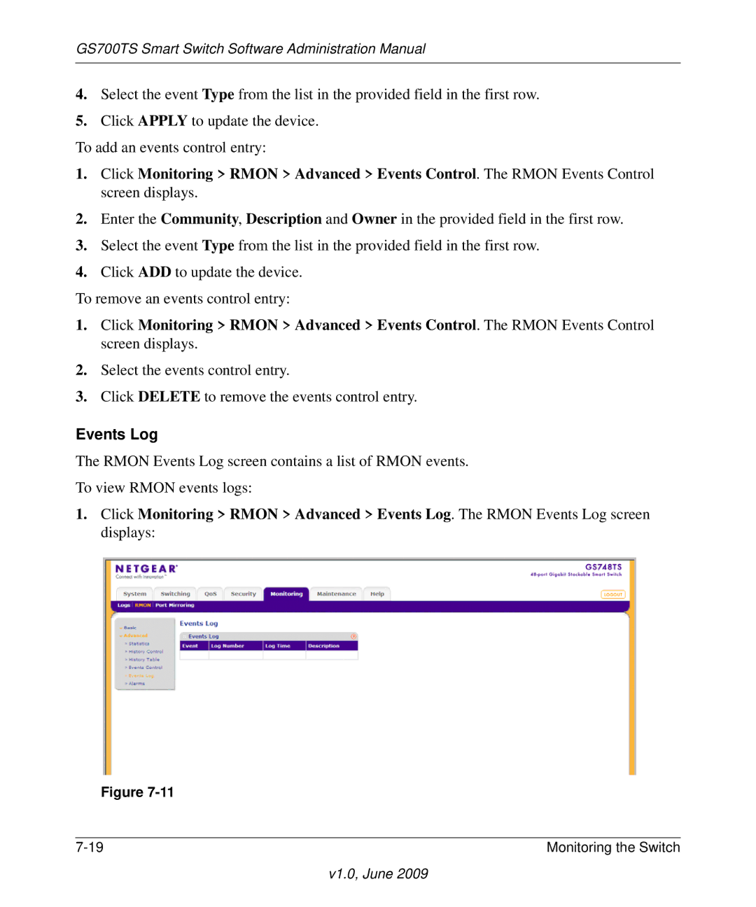 NETGEAR GS748TS manual Events Log 