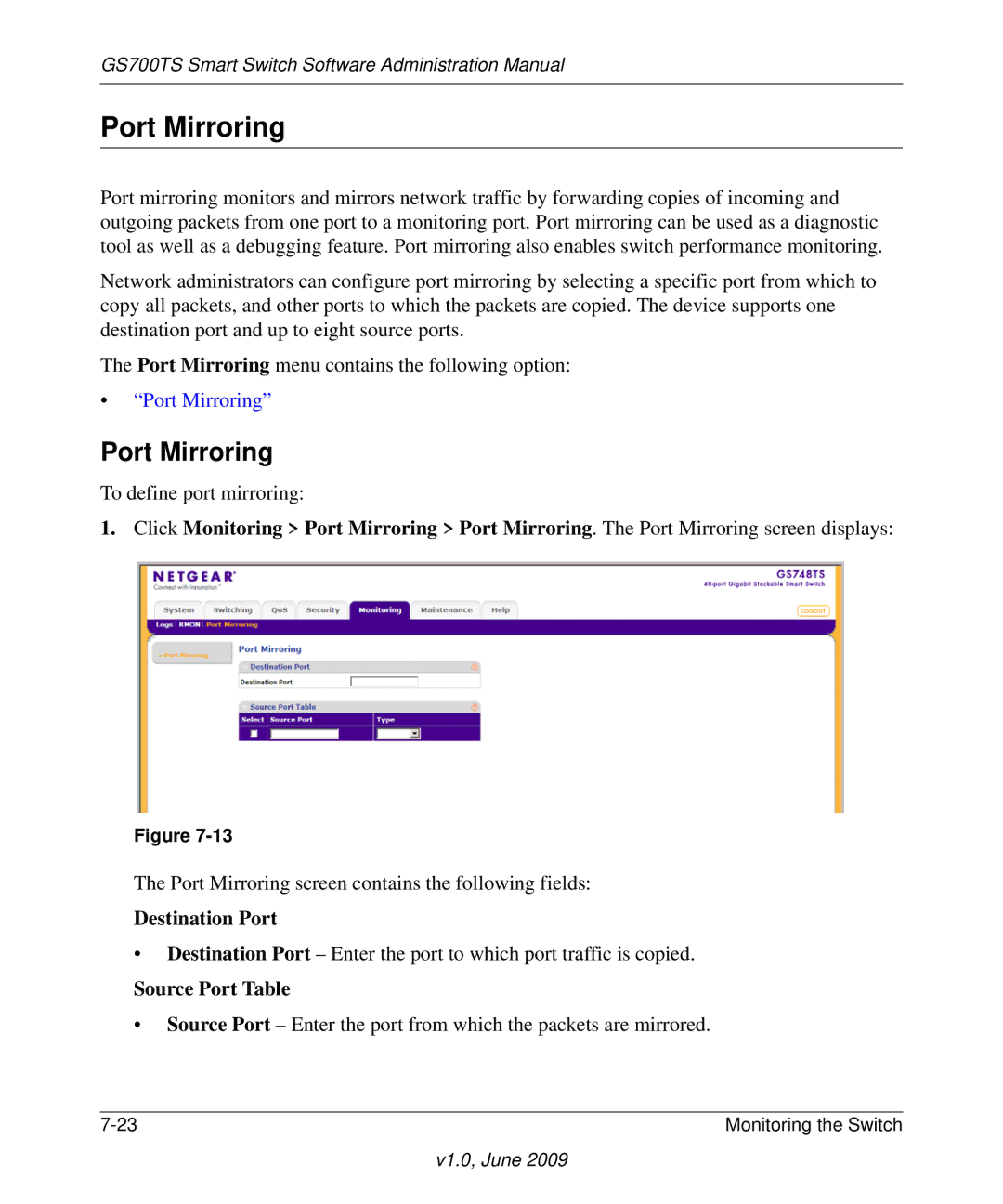 NETGEAR GS748TS manual Port Mirroring, Destination Port, Source Port Table 