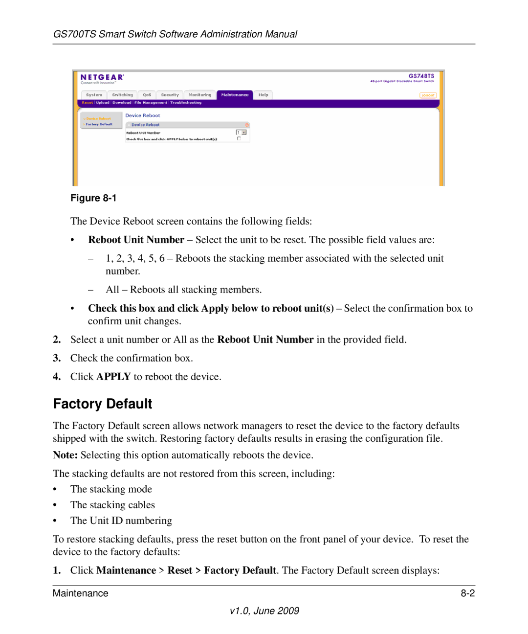 NETGEAR GS748TS manual Factory Default 