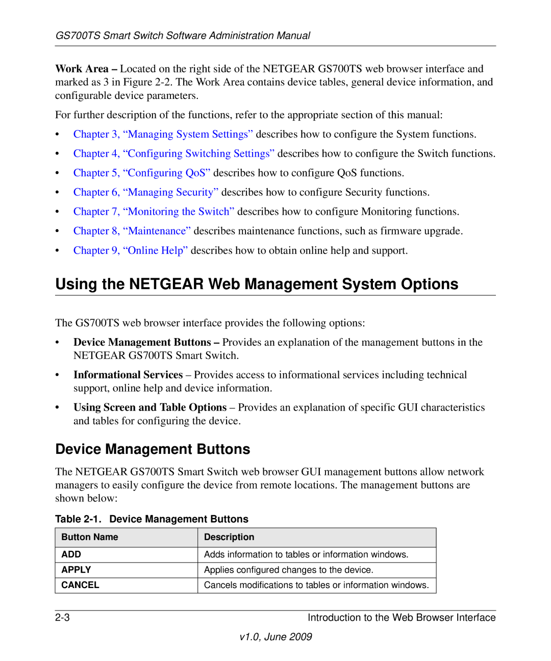 NETGEAR GS748TS manual Using the Netgear Web Management System Options, Device Management Buttons 