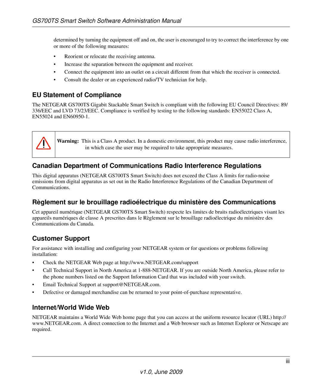 NETGEAR GS748TS manual EU Statement of Compliance, Customer Support, Internet/World Wide Web 