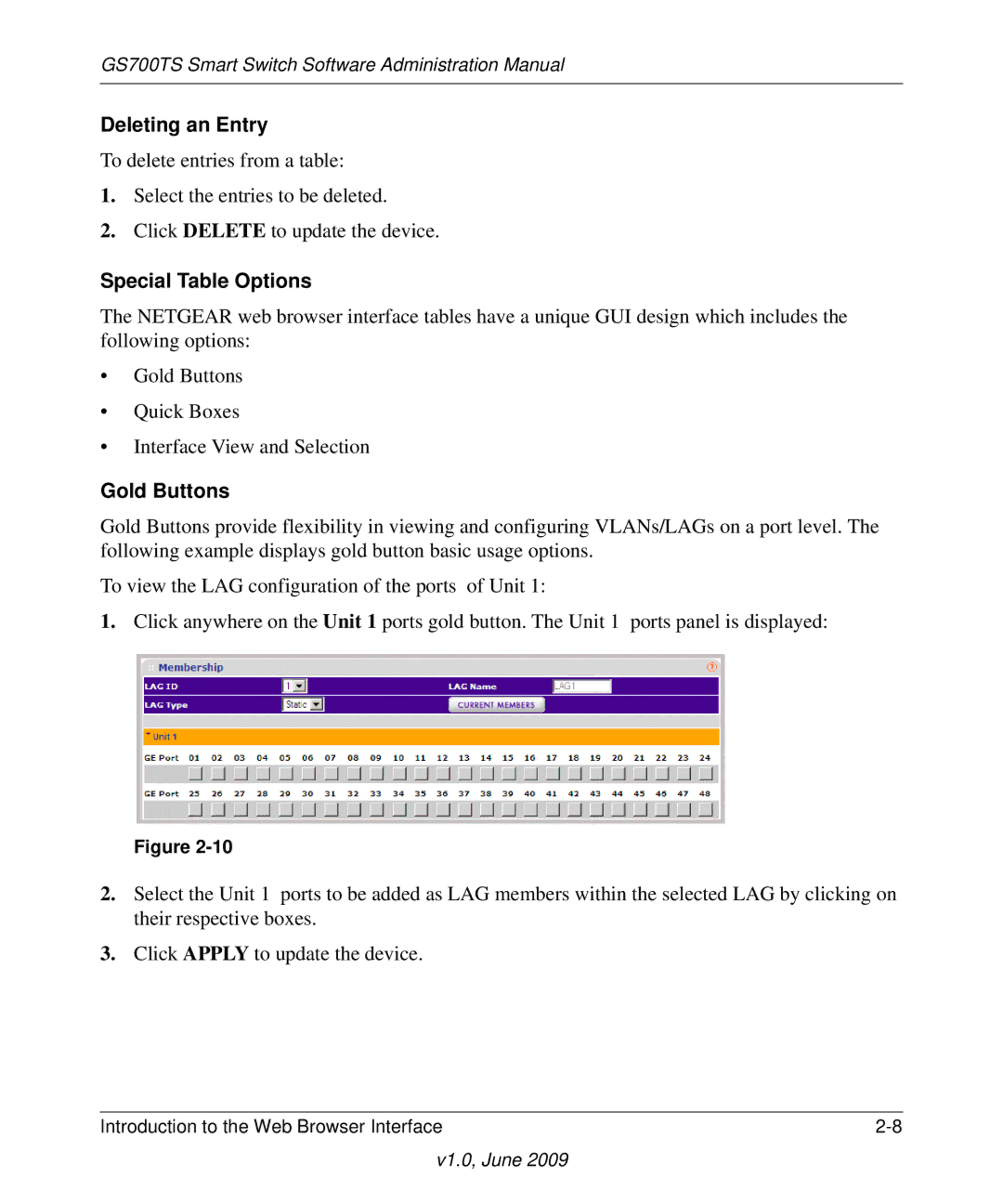 NETGEAR GS748TS manual Deleting an Entry, Special Table Options, Gold Buttons 