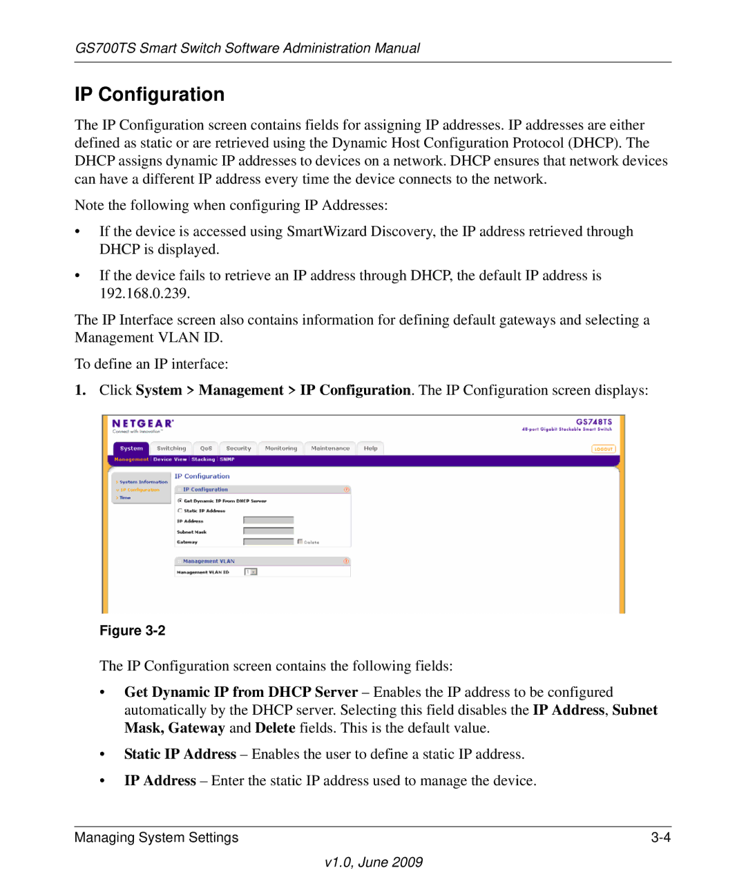 NETGEAR GS748TS manual IP Configuration 