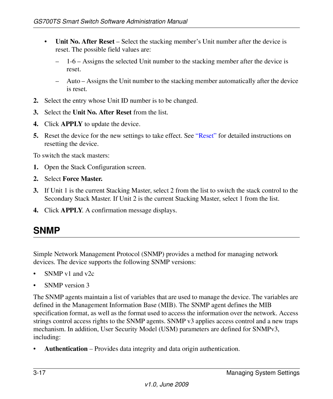 NETGEAR GS748TS manual Snmp, Select Force Master 