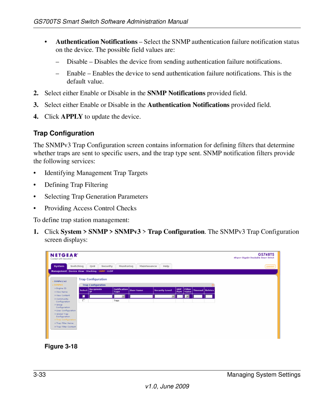 NETGEAR GS748TS manual Trap Configuration 