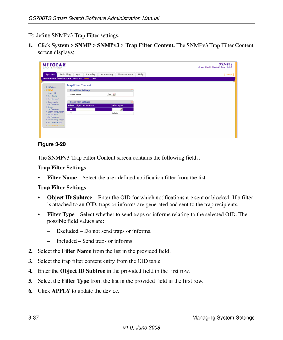 NETGEAR GS748TS manual Trap Filter Settings 