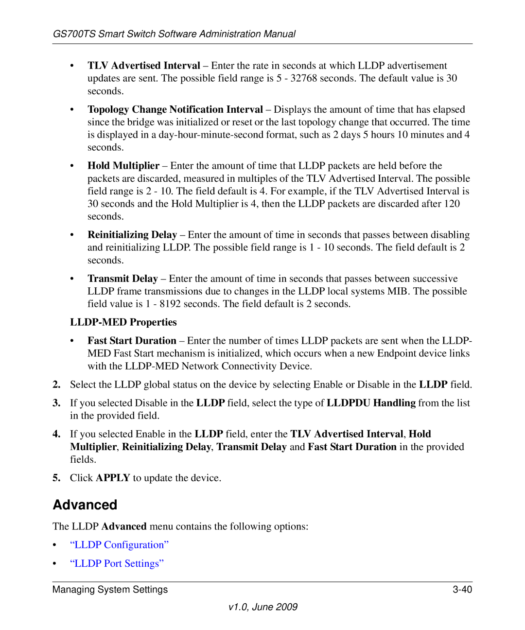 NETGEAR GS748TS manual Advanced, LLDP-MED Properties 