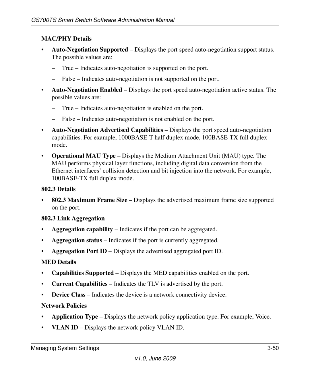 NETGEAR GS748TS manual MAC/PHY Details, Link Aggregation, MED Details, Network Policies 