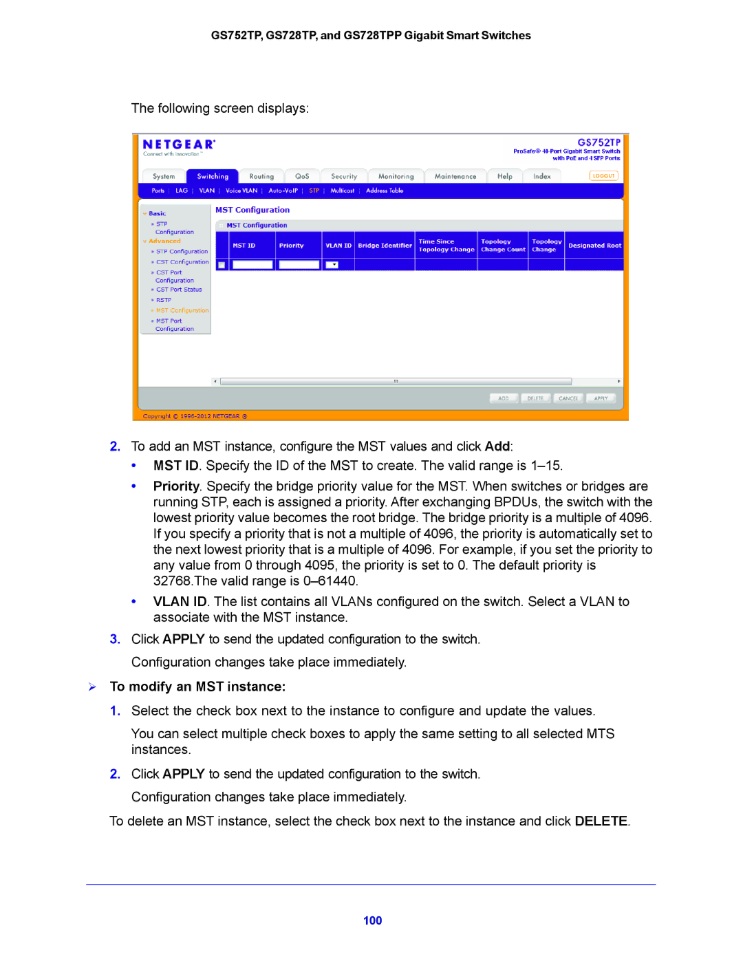 NETGEAR GS728TPP, GS752TP manual  To modify an MST instance 