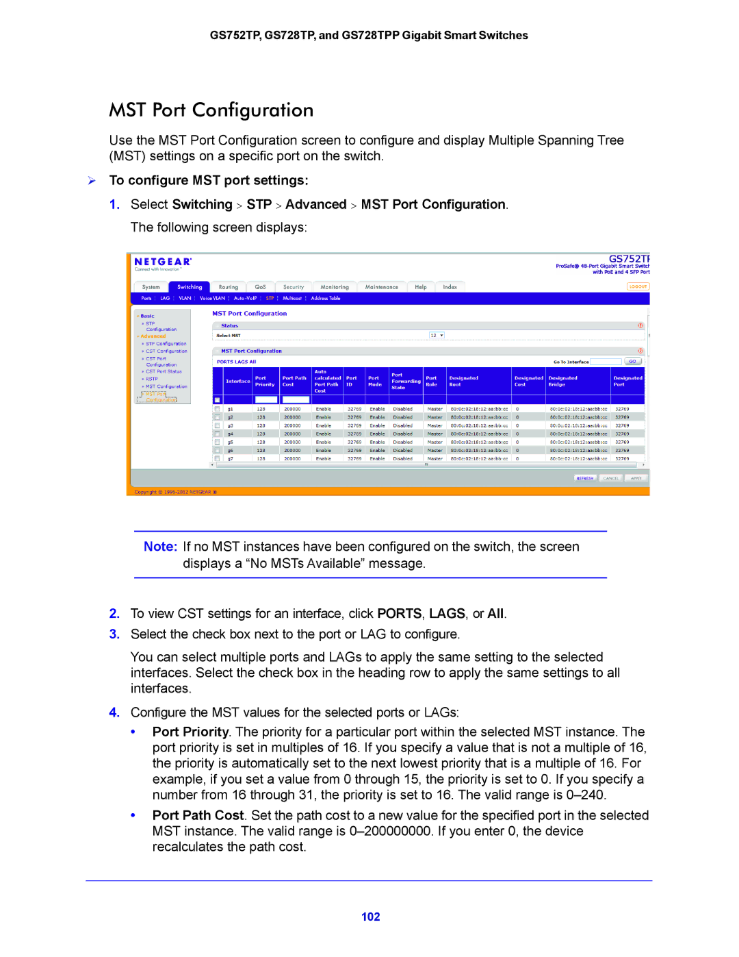 NETGEAR GS752TP, GS728TPP manual MST Port Configuration,  To configure MST port settings 